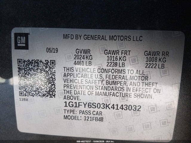 46275237 :رقم المزاد ، 1G1FY6S03K4143032 vin ، 2019 Chevrolet Bolt Ev Lt مزاد بيع