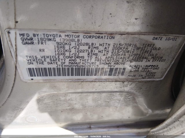 Aukcja sprzedaży 2002 Toyota Rav4, vin: JTEHH20V626026715, numer aukcji: 46275269
