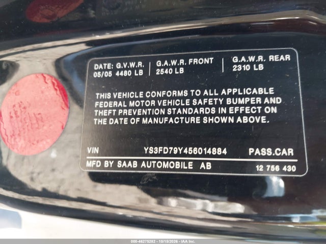 Продажа на аукционе авто 2005 Saab 9-3 Arc, vin: YS3FD79Y456014884, номер лота: 46275282