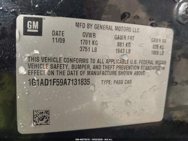 Продажа на аукционе авто 2010 Chevrolet Cobalt Lt W/1lt, vin: 1G1AD1F59A7131835, номер лота: 46275318