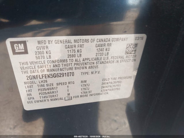 Aukcja sprzedaży 2016 Chevrolet Equinox Lt, vin: 2GNFLFEK5G6291070, numer aukcji: 46275320