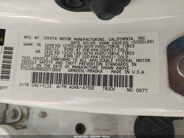 46275354 :رقم المزاد ، 5TEJU62N95Z071869 vin ، 2005 Toyota Tacoma Prerunner V6 مزاد بيع