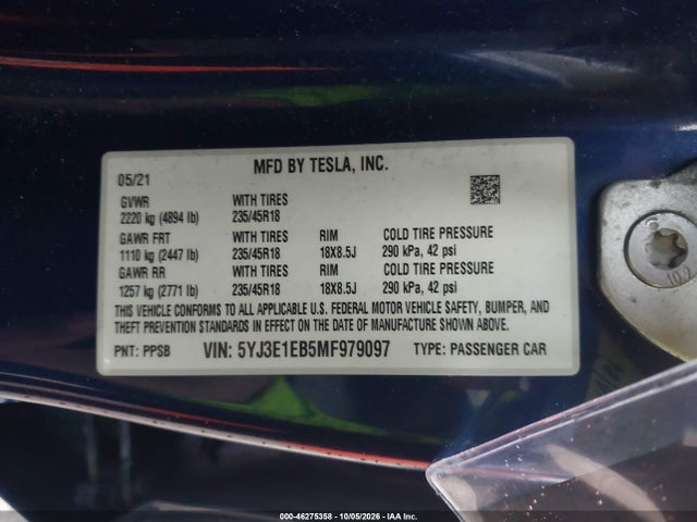 Aukcja sprzedaży 2021 Tesla Model 3 Long Range Dual Motor All-wheel Drive, vin: 5YJ3E1EB5MF979097, numer aukcji: 46275358