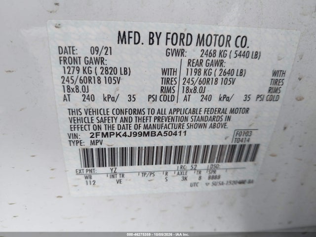 Aukcja sprzedaży 2021 Ford Edge Sel, vin: 2FMPK4J99MBA50411, numer aukcji: 46275359