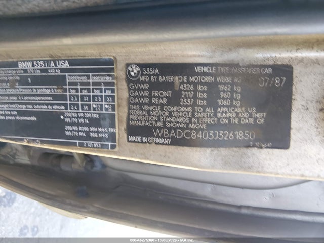 Продажа на аукционе авто 1988 Bmw 535 Automatic/is Automatic, vin: WBADC8403J3261850, номер лота: 46275380