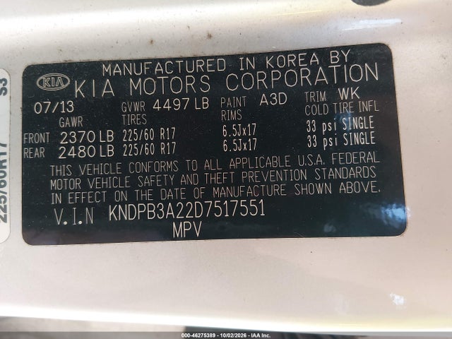 Auction sale of the 2013 Kia Sportage Lx, vin: KNDPB3A22D7517551, lot number: 46275389