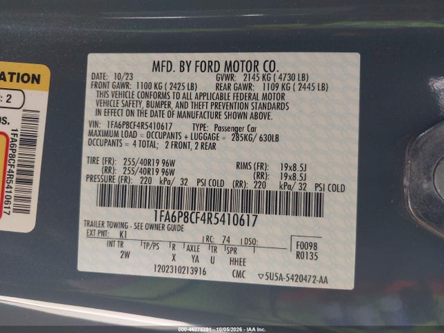 Продажа на аукционе авто 2024 Ford Mustang Gt Fastback, vin: 1FA6P8CF4R5410617, номер лота: 46275391