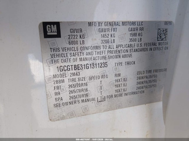 46275397 :رقم المزاد ، 1GCGTBE31G1311235 vin ، 2016 Chevrolet Colorado Wt مزاد بيع