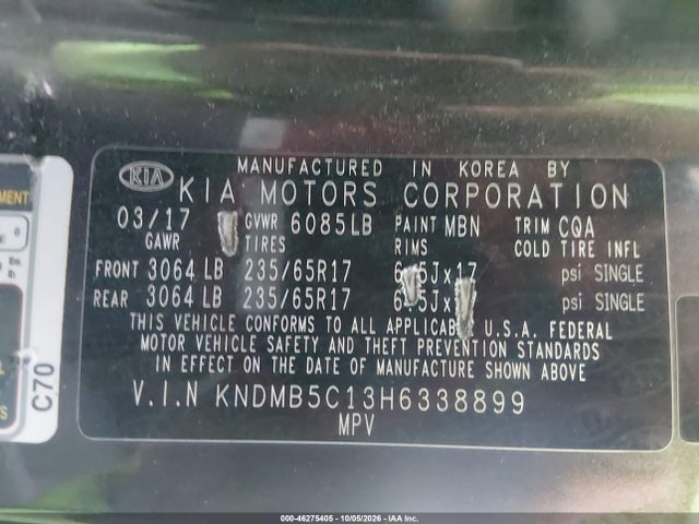 2017 Kia Sedona Lx მანქანა იყიდება აუქციონზე, vin: KNDMB5C13H6338899, აუქციონის ნომერი: 46275405
