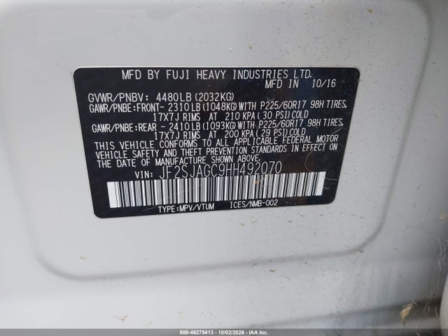 Aukcja sprzedaży 2017 Subaru Forester 2.5i Premium, vin: JF2SJAGC9HH492070, numer aukcji: 46275413