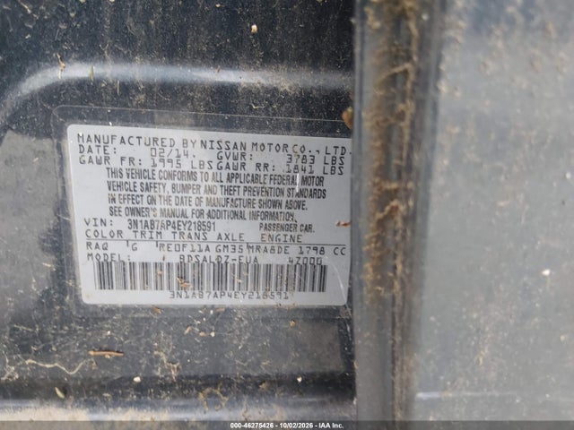 Продаж на аукціоні авто 2014 Nissan Sentra Fe+ S/fe+ Sv/s/sl/sr/sv, vin: 3N1AB7AP4EY218591, номер лоту: 46275426