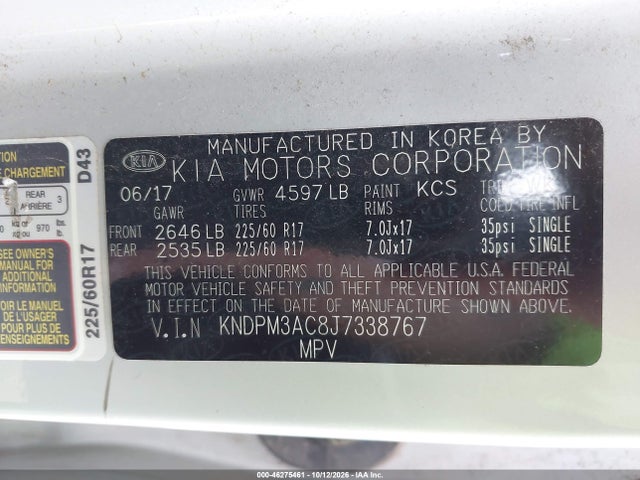 Продажа на аукционе авто 2018 Kia Sportage Lx, vin: KNDPM3AC8J7338767, номер лота: 46275461