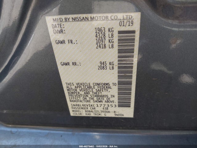 Aukcja sprzedaży 2019 Nissan Altima 2.5 Sl, vin: 1N4BL4EV1KC177353, numer aukcji: 46275462