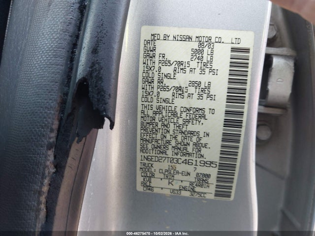 Продаж на аукціоні авто 2003 Nissan Frontier Xe-v6, vin: 1N6ED27T03C461995, номер лоту: 46275470