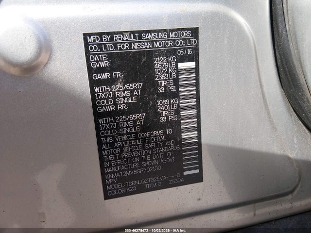 Продаж на аукціоні авто 2016 Nissan Rogue Sv, vin: KNMAT2MV8GP702100, номер лоту: 46275472