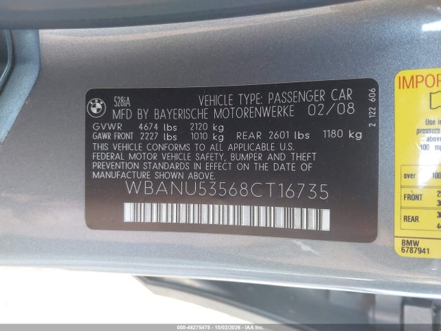 Продаж на аукціоні авто 2008 Bmw 528i, vin: WBANU53568CT16735, номер лоту: 46275475