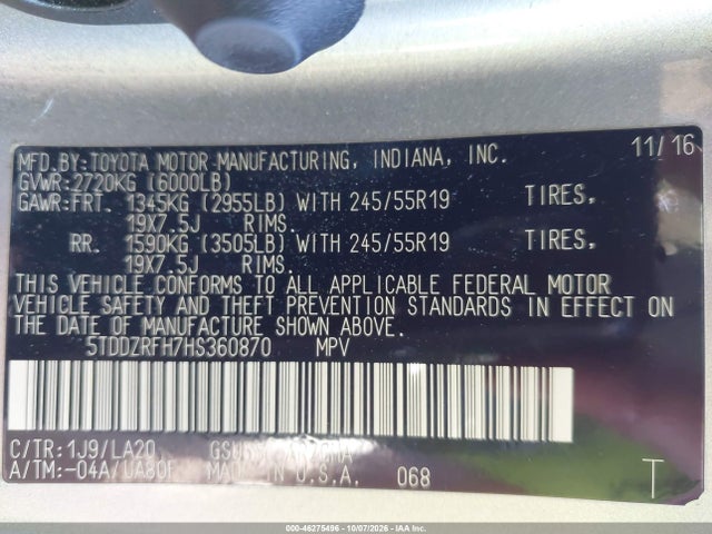Toyota Highlander Limited 2017 5TDDZRFH7HS360870 Image 9