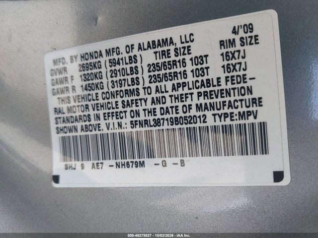 2009 Honda Odyssey Ex-l მანქანა იყიდება აუქციონზე, vin: 5FNRL38719B052012, აუქციონის ნომერი: 46275527