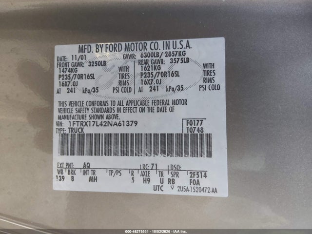 Продажа на аукционе авто 2002 Ford F-150 Lariat/xl/xlt, vin: 1FTRX17L42NA61379, номер лота: 46275531
