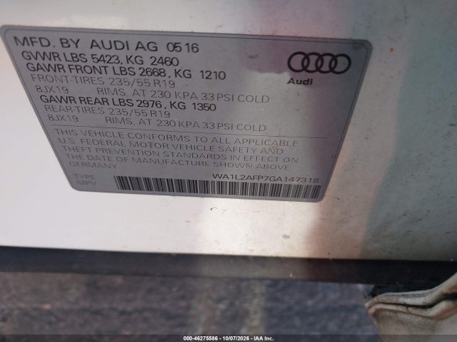 2016 Audi Q5 2.0t Premium მანქანა იყიდება აუქციონზე, vin: WA1L2AFP7GA147318, აუქციონის ნომერი: 46275586