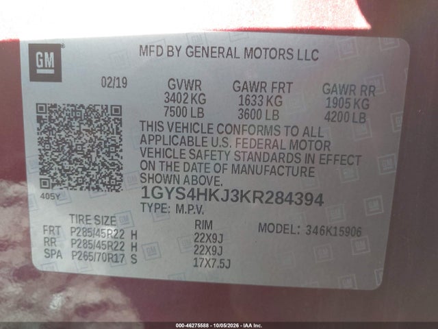 Aukcja sprzedaży 2019 Cadillac Escalade Esv Luxury, vin: 1GYS4HKJ3KR284394, numer aukcji: 46275588