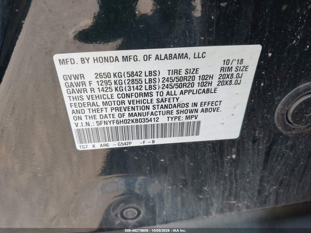Aukcja sprzedaży 2019 Honda Pilot Elite, vin: 5FNYF6H02KB035412, numer aukcji: 46275609