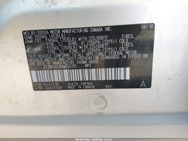 Aukcja sprzedaży 2010 Toyota Rav4, vin: 2T3BF4DV0AW050205, numer aukcji: 46275624