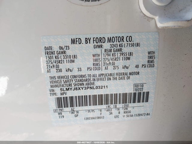 46275627 :رقم المزاد ، 5LMYJ8XY3PNL03211 vin ، 2023 Lincoln Aviator Grand Touring مزاد بيع