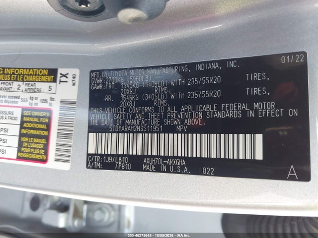 46275648 :رقم المزاد ، 5TDYARAH2NS511951 vin ، 2022 Toyota Highlander Hybrid Limited مزاد بيع
