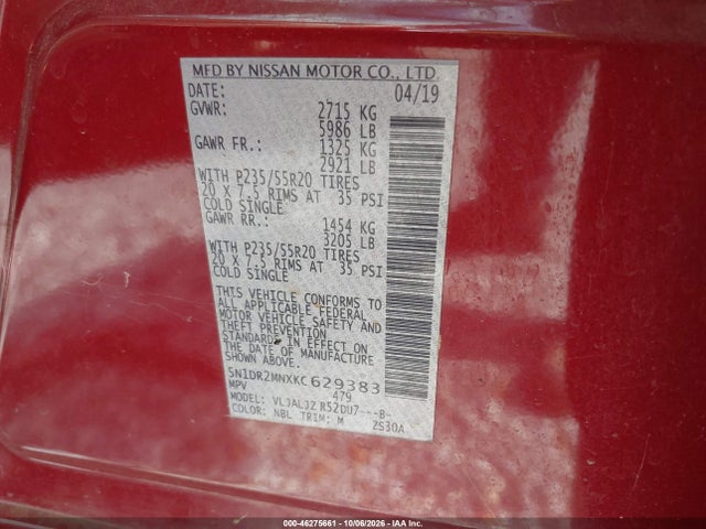 46275661 :رقم المزاد ، 5N1DR2MNXKC629383 vin ، 2019 Nissan Pathfinder Platinum مزاد بيع
