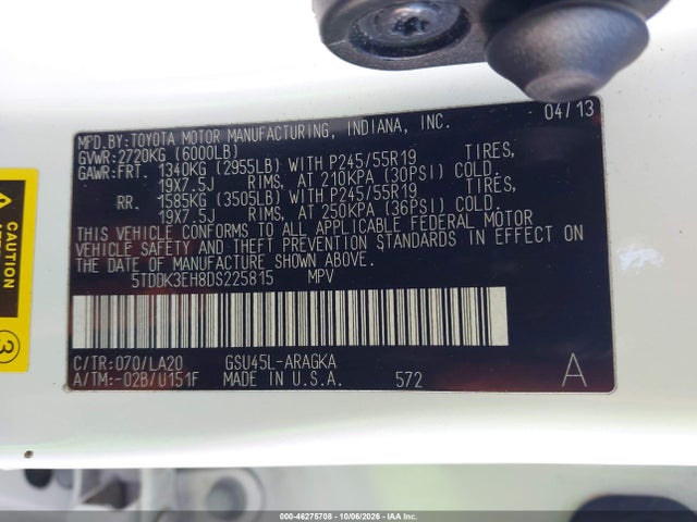 46275708 :رقم المزاد ، 5TDDK3EH8DS225815 vin ، 2013 Toyota Highlander Limited V6 مزاد بيع
