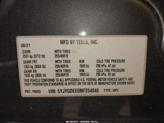 Продаж на аукціоні авто 2021 Tesla Model Y Long Range Dual Motor All-wheel Drive, vin: 5YJYGDEE0MF254048, номер лоту: 46275721