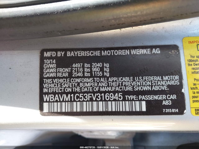 Aukcja sprzedaży 2015 Bmw X1 Sdrive28i, vin: WBAVM1C53FV316945, numer aukcji: 46275725