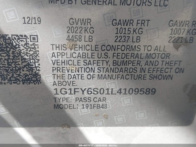 Auction sale of the 2020 Chevrolet Bolt Ev Fwd Lt, vin: 1G1FY6S01L4109589, lot number: 46275727