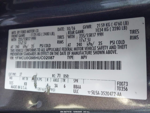 Ford ESCAPE SE 2017 1FMCU0G98HUC02087 Image 9