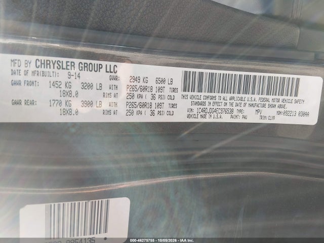 Продаж на аукціоні авто 2014 Dodge Durango Limited, vin: 1C4RDJDG4EC976538, номер лоту: 46275755