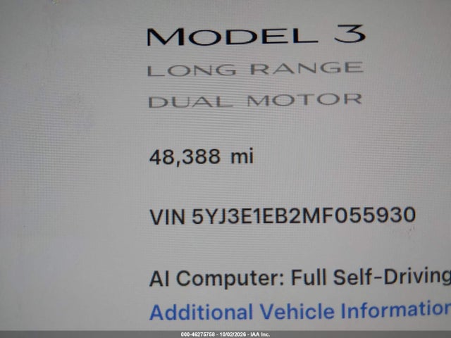 Aukcja sprzedaży 2021 Tesla Model 3 Long Range Dual Motor All-wheel Drive, vin: 5YJ3E1EB2MF055930, numer aukcji: 46275758