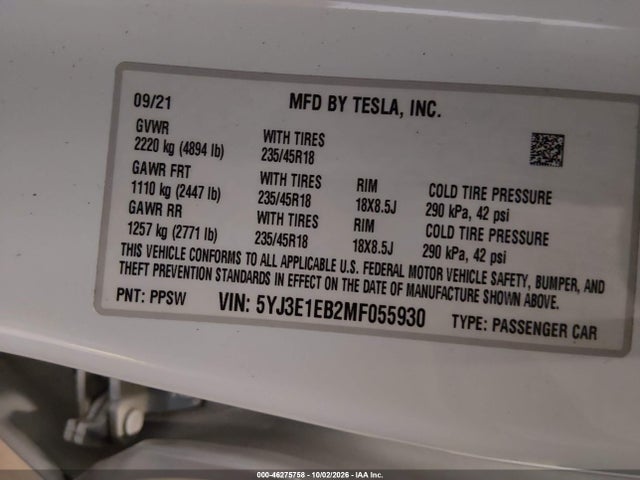 Aukcja sprzedaży 2021 Tesla Model 3 Long Range Dual Motor All-wheel Drive, vin: 5YJ3E1EB2MF055930, numer aukcji: 46275758