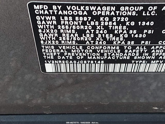 Продажа на аукционе авто 2018 Volkswagen Atlas 3.6l V6 Sel Premium, vin: 1V2NR2CA0JC579145, номер лота: 46275775
