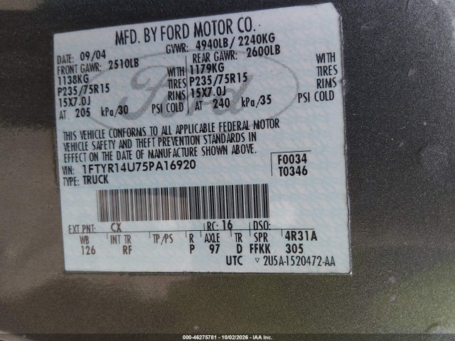 Продажа на аукционе авто 2005 Ford Ranger Edge/stx/xl/xlt, vin: 1FTYR14U75PA16920, номер лота: 46275781