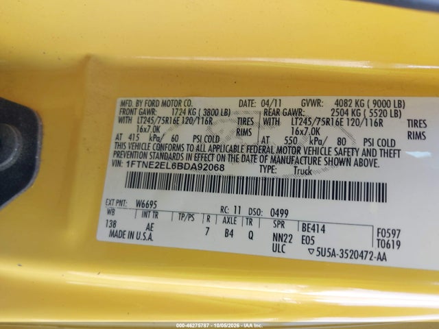 46275787 :رقم المزاد ، 1FTNE2EL6BDA92068 vin ، 2011 Ford E-250 Commercial مزاد بيع