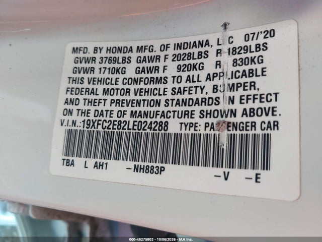 Продаж на аукціоні авто 2020 Honda Civic Sport, vin: 19XFC2E82LE024288, номер лоту: 46275803