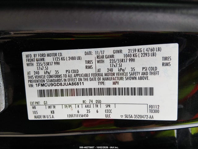 Продажа на аукционе авто 2018 Ford Escape Se, vin: 1FMCU9GD8JUA86811, номер лота: 46275807