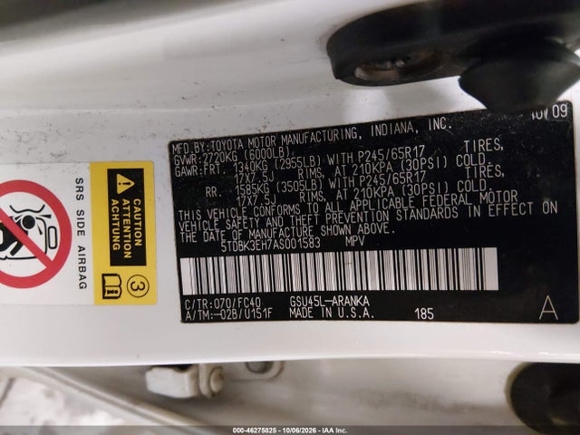 46275825 :رقم المزاد ، 5TDBK3EH7AS001583 vin ، 2010 Toyota Highlander Base V6 مزاد بيع