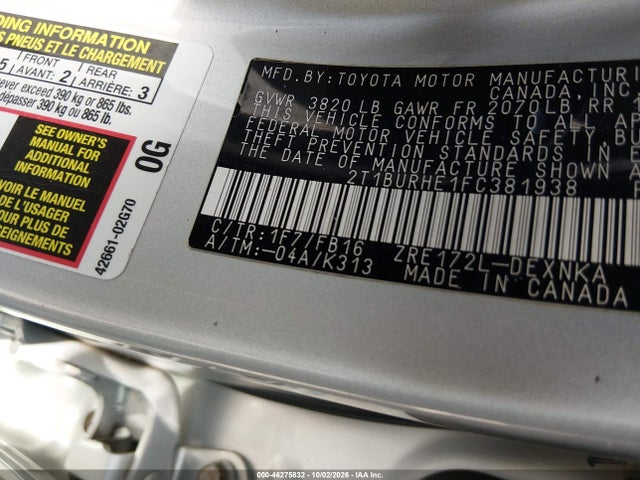 46275832 :رقم المزاد ، 2T1BURHE1FC381938 vin ، 2015 Toyota Corolla Le مزاد بيع