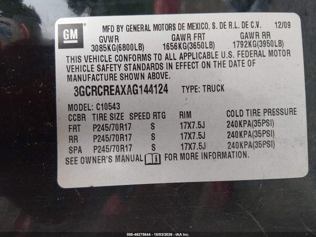 46275844 :رقم المزاد ، 3GCRCREAXAG144124 vin ، 2010 Chevrolet Silverado 1500 Ls مزاد بيع