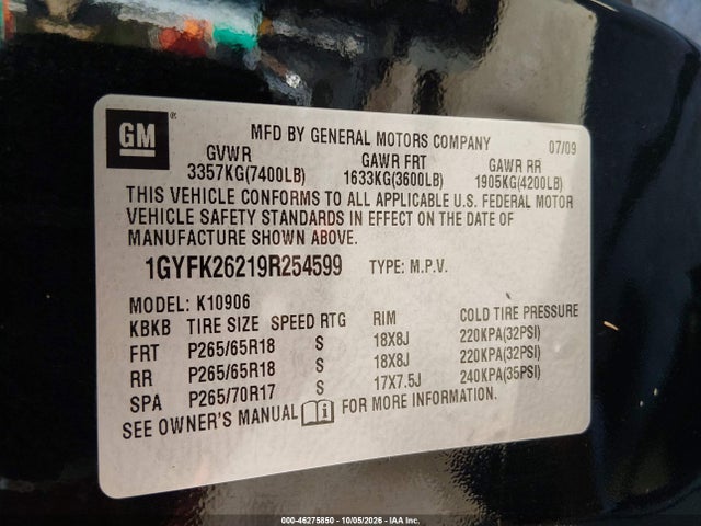 2009 Cadillac Escalade Esv Standard მანქანა იყიდება აუქციონზე, vin: 1GYFK26219R254599, აუქციონის ნომერი: 46275850