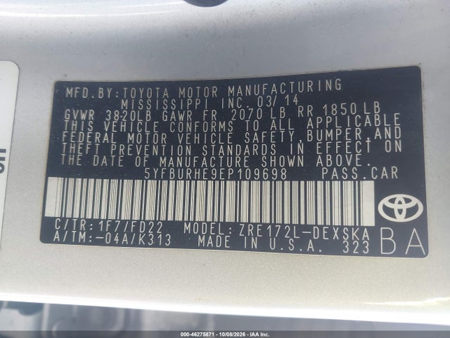 Aukcja sprzedaży 2014 Toyota Corolla S Plus, vin: 5YFBURHE9EP109698, numer aukcji: 46275871
