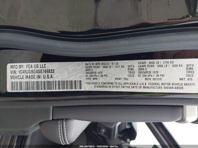 Aukcja sprzedaży 2025 Jeep Grand Cherokee Limited 4x2, vin: 1C4RJGBG4S8749833, numer aukcji: 46275875