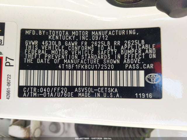 Aukcja sprzedaży 2012 Toyota Camry Se, vin: 4T1BF1FK8CU172520, numer aukcji: 46275885